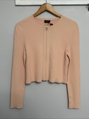 Akris Ribbed Zip-Front Long Sleeve Top in Peach